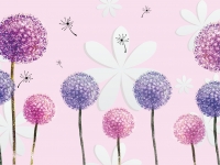 3d illustration, soft pink background, white paper flowers, colorful dandelions