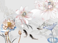 3d illustration, gray background, pink, blue and beige fabulous flowers, dark gray fish