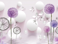 3d illustration, light background, white balls, pearls, multi-colored dandelions, white paper butterflies, reflection in water